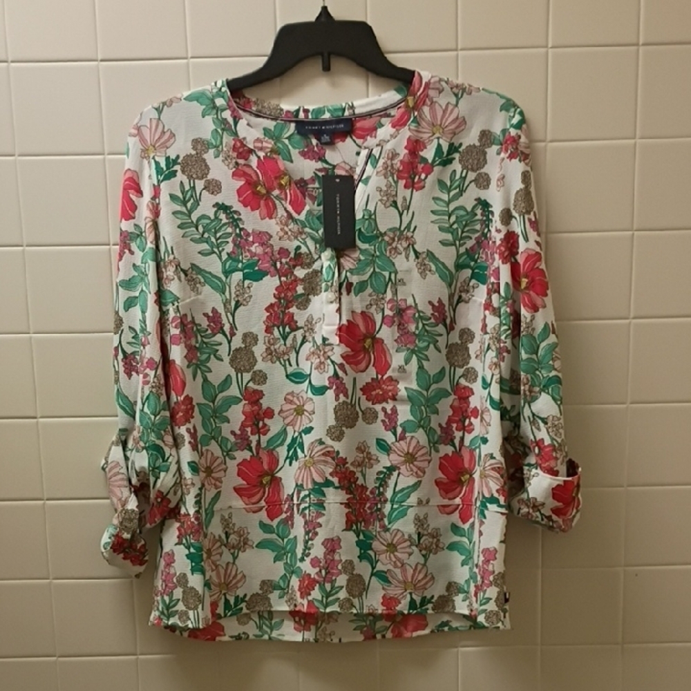 Tommy Hilfiger Floral White Cream Blouse 3/4 Sleeve Mandarin Collar